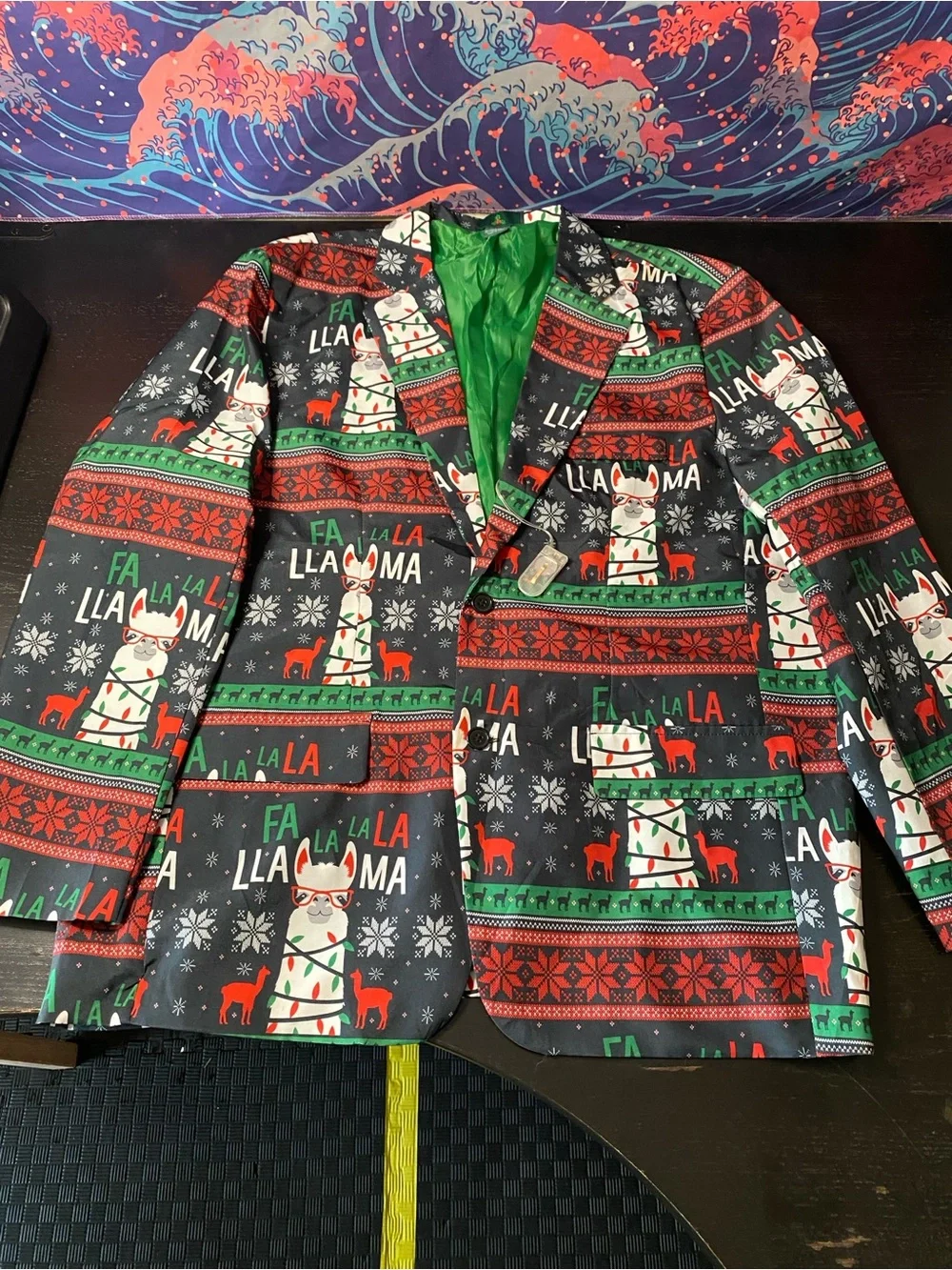 Festive Llama Print Holiday Blazer - Green Lining